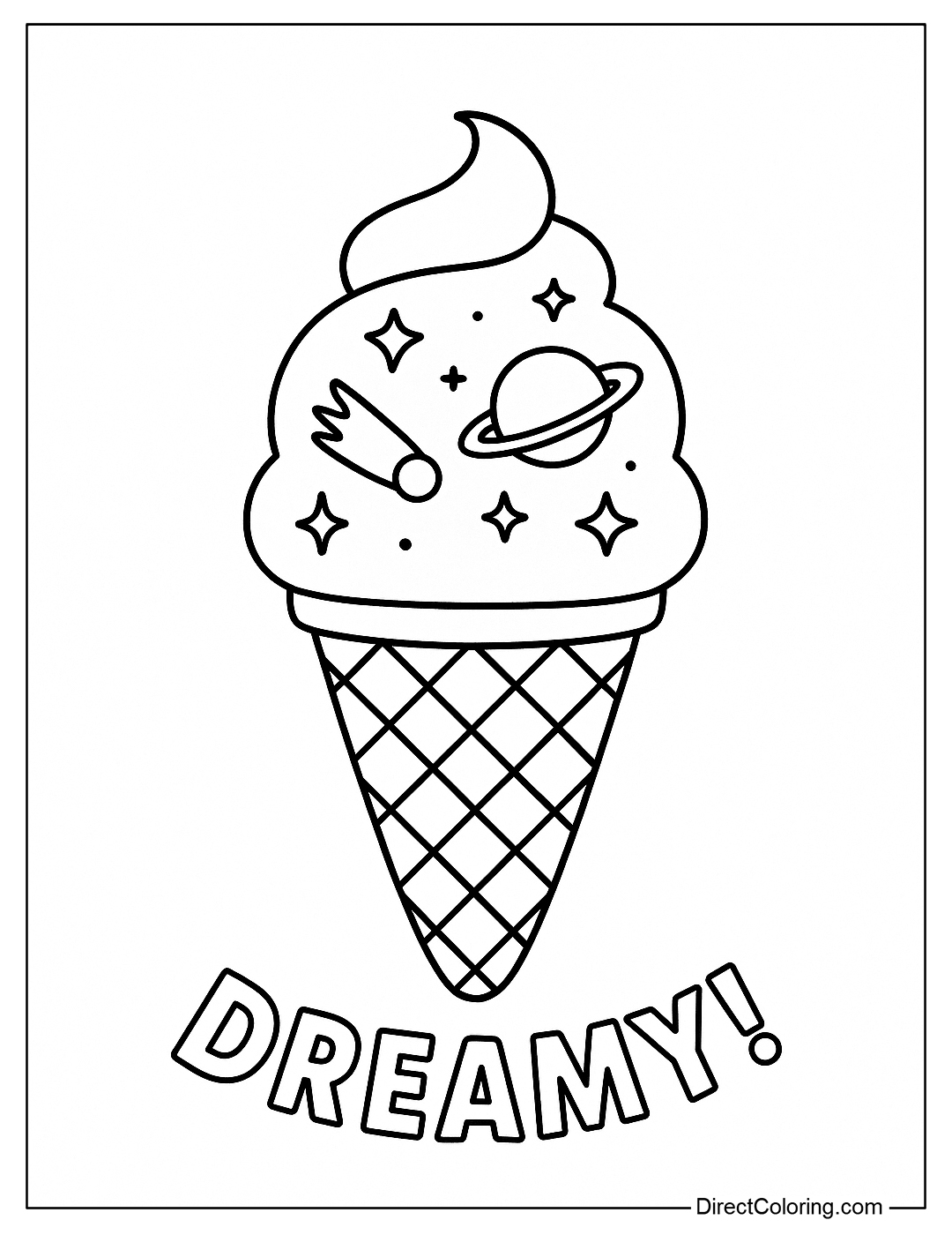 Coloring page of ice cream cone with the universe inside the ice cream sphere: with stars, planets, comets.